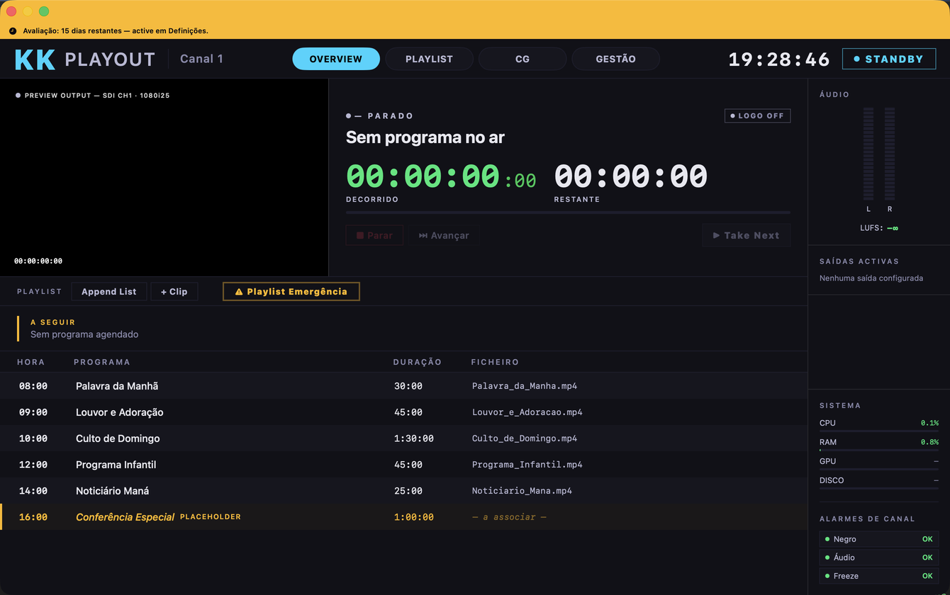 Ecrã real do KK Playout — emitir