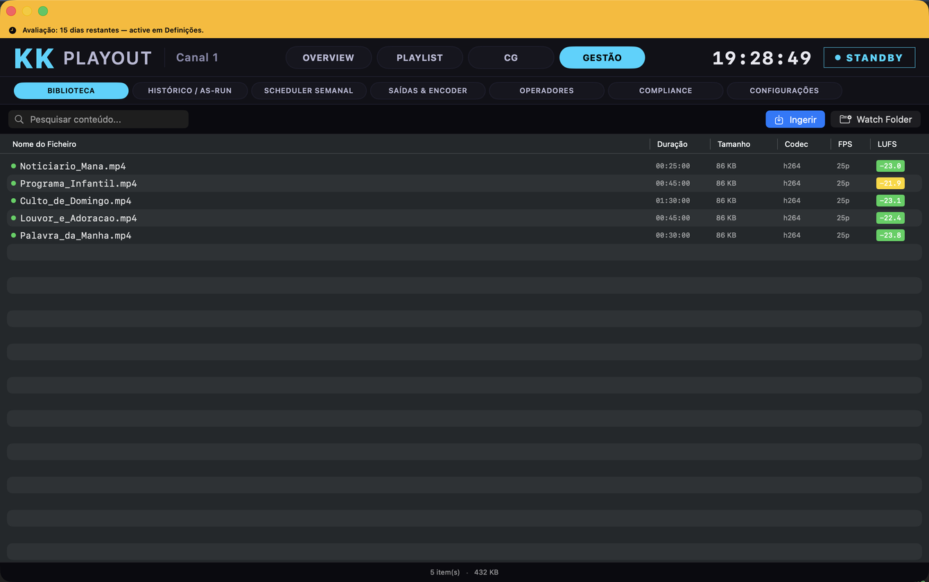 Ecrã real do KK Playout — biblioteca