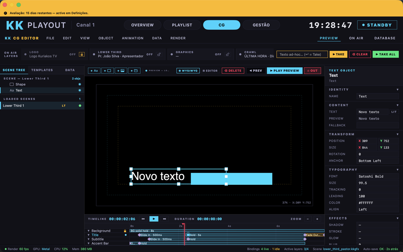 Ecrã real do KK Playout — gfx