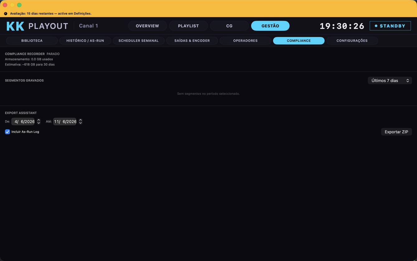 Ecrã real do KK Playout — compliance