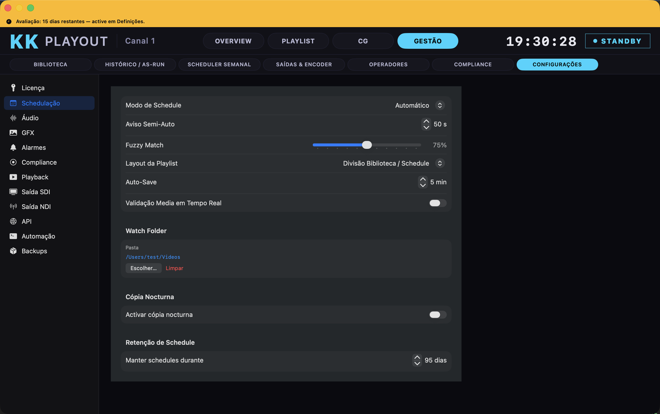 Ecrã real do KK Playout — definicoes