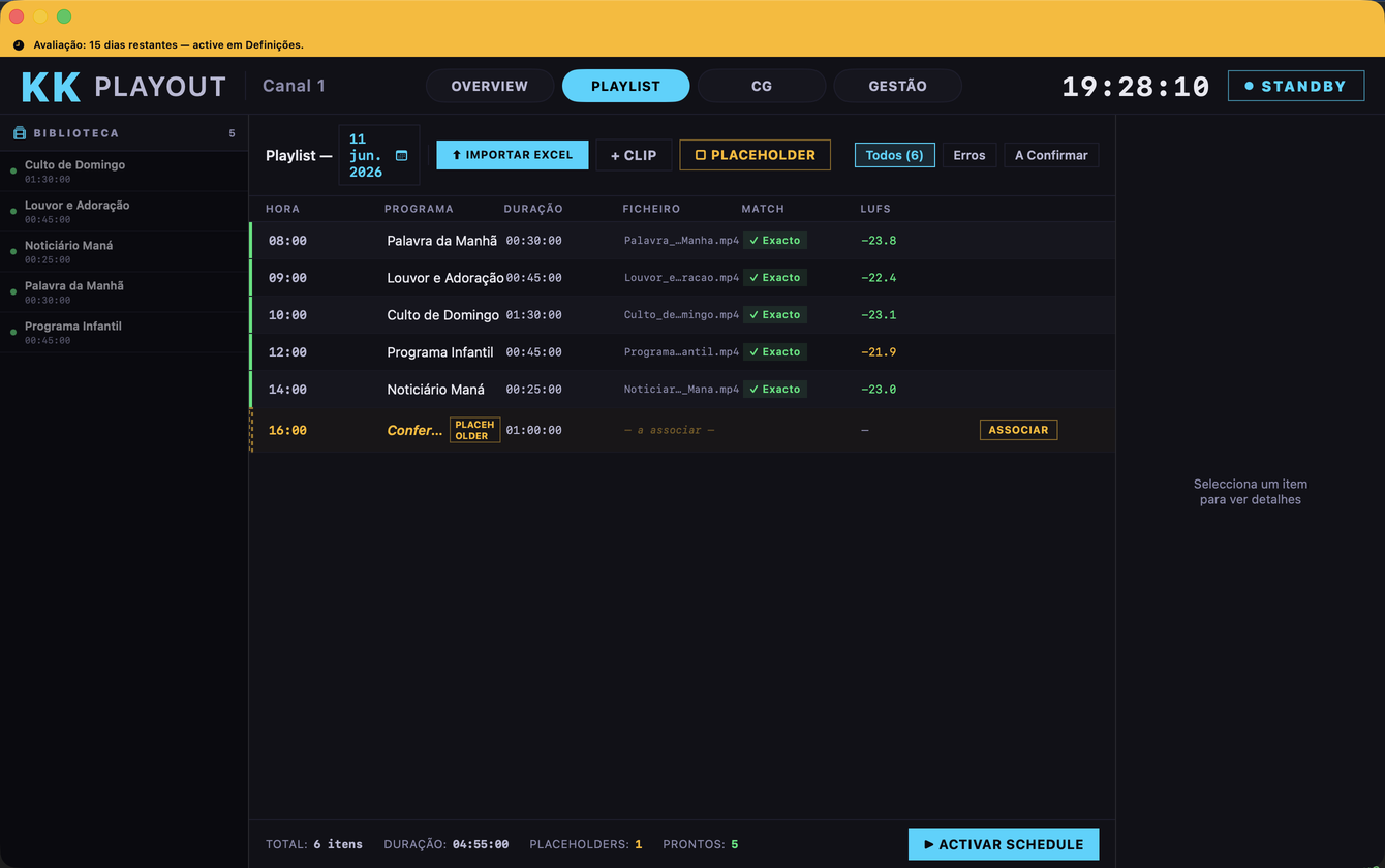 Ecrã real do KK Playout — playlist