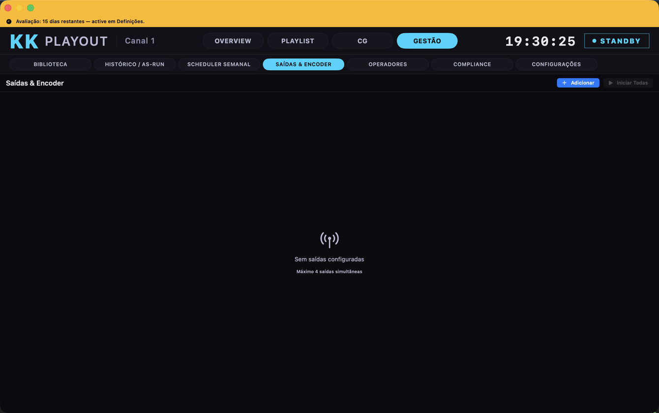 Ecrã real do KK Playout — saidas