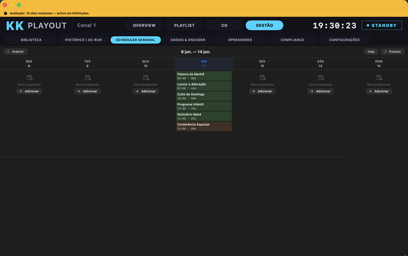 Ecrã real do KK Playout — schedule